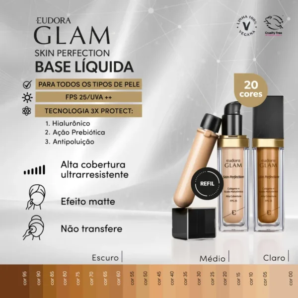 Base Líquida Glam Skin Perfection Cor 75 30ml Eudora - Imagem 2